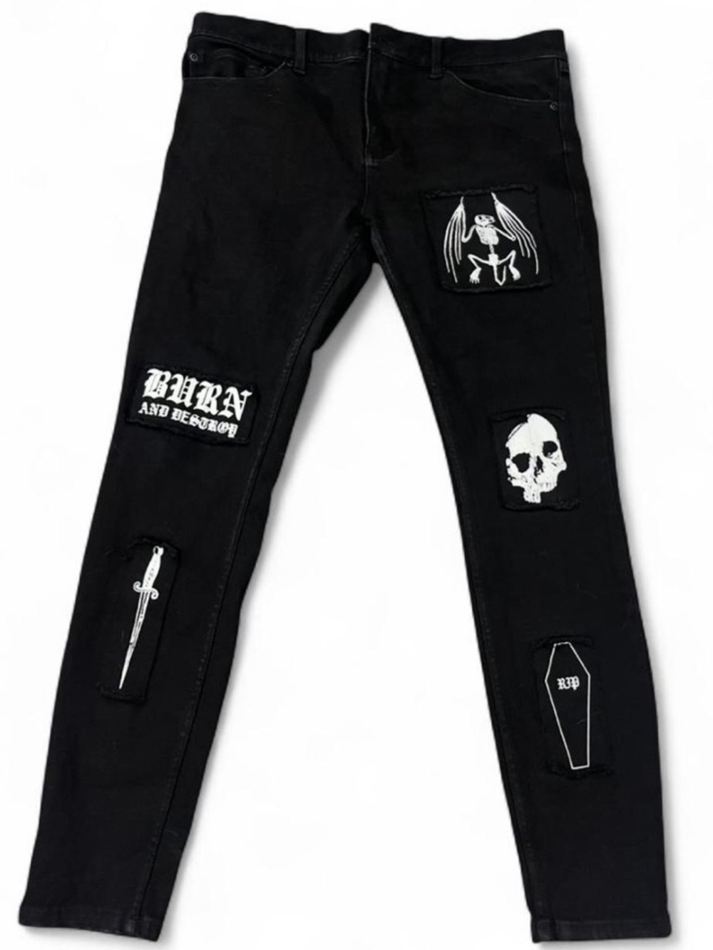 HT Denim Stinger Jeans 36x30 Black Gothic Patch Distressed Streetwear punk - Picture 3 of 9